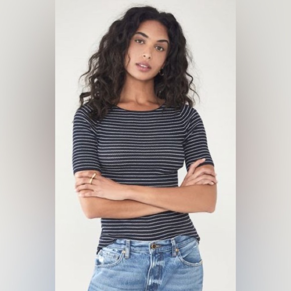 Vince Navy and White Striped Short Sleeve Top